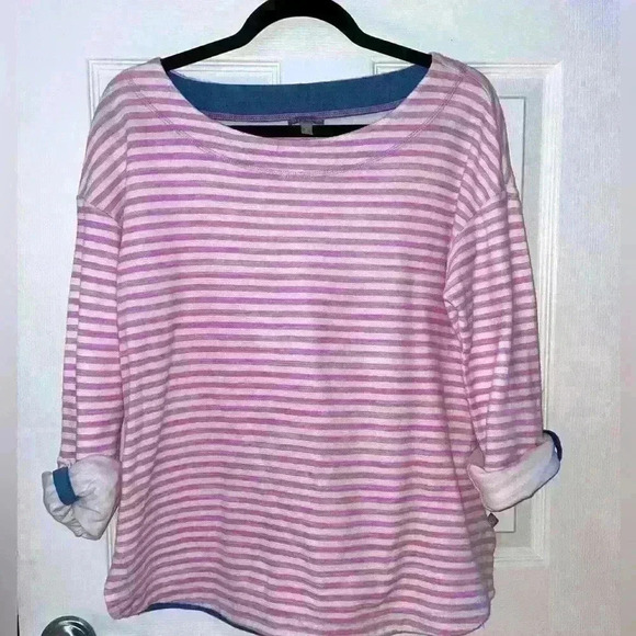 T by Talbots Cotton Stripe Pullover Tee Top with Roll Up Sleeve, Medium - Picture 1 of 3